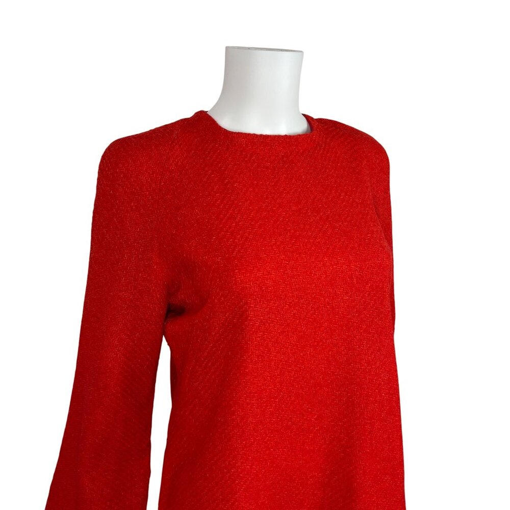 Vintage 70s Tweed Dress Womens Large Long Bell Sleeves Red Orange Woven Mini - Picture 4 of 10